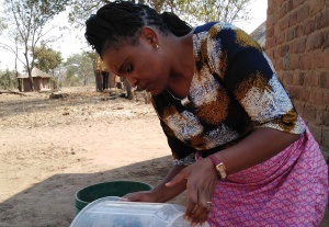 Alice, an experienced enumerator, using a graduated bucket and peanut shells to measure household collecting devices
